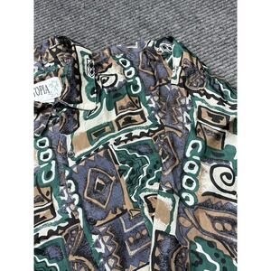 Utopia Shirt Mens Large Green Geometric 100% Silk Long Sleeve Button Up Casual